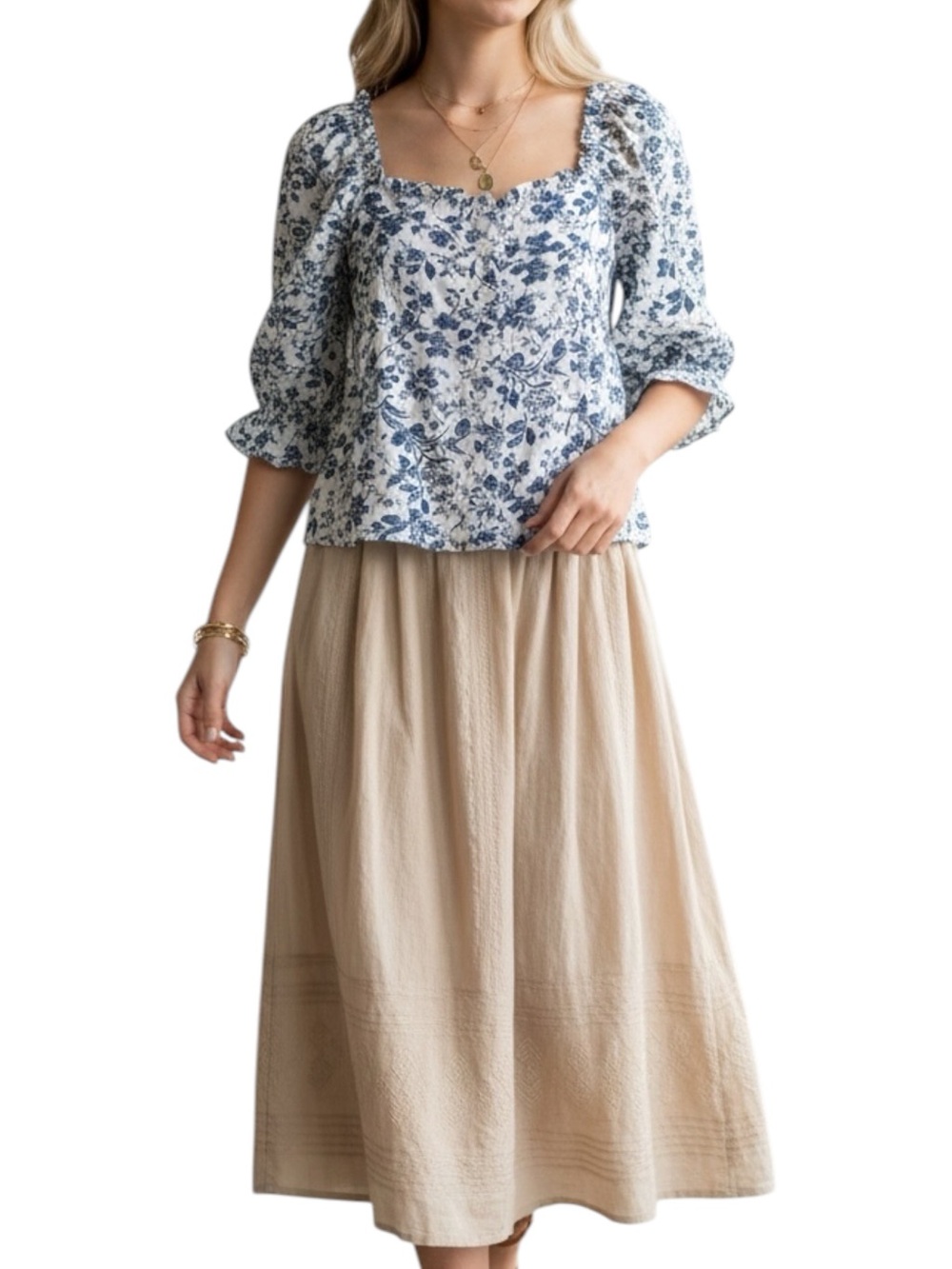 Cupcakes & Cashmere Floral Ruffle Puff Sleeve Square Neck Cottagecore Blouse